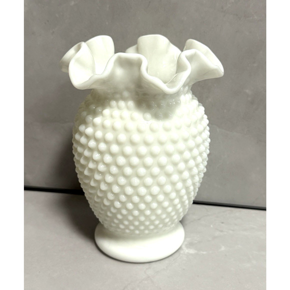 Vintage 1950s Fenton Hobnail Milk Glass Double Crimped Vase 6" Tall - Picture 3 of 7
